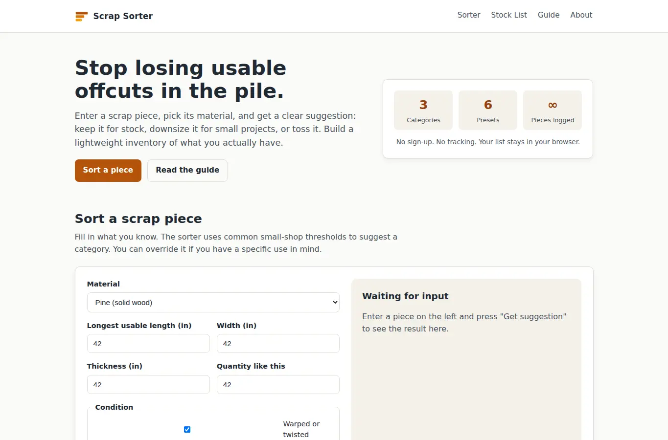 Screenshot of Workshop Scrap & Offcut Sorter interface showing the project page in use